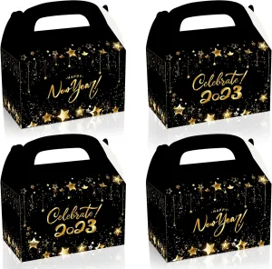 Happy New Year Gift Bags - Pack of 12 | Black and Gold New Year Gift Box 2023 | Happy New Year Decorations 2023 | Happy New Year Treat Boxes | New Years Eve Party Supplies 2023 | New Years Goodie Bags