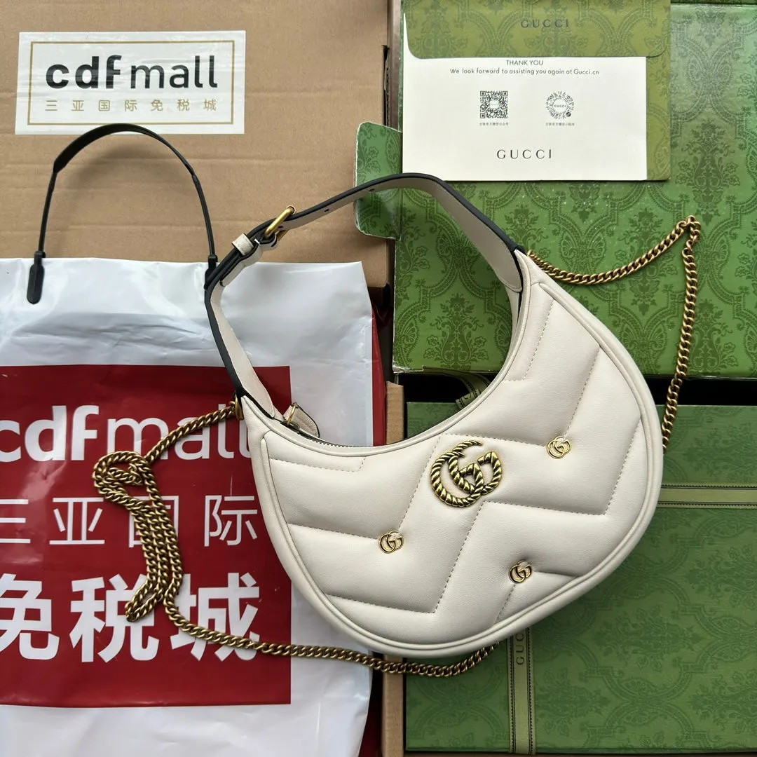 hardware half-moon 21cm white calfskin shaped Delivery guarantee Gucci marmont gg User-friendly gold