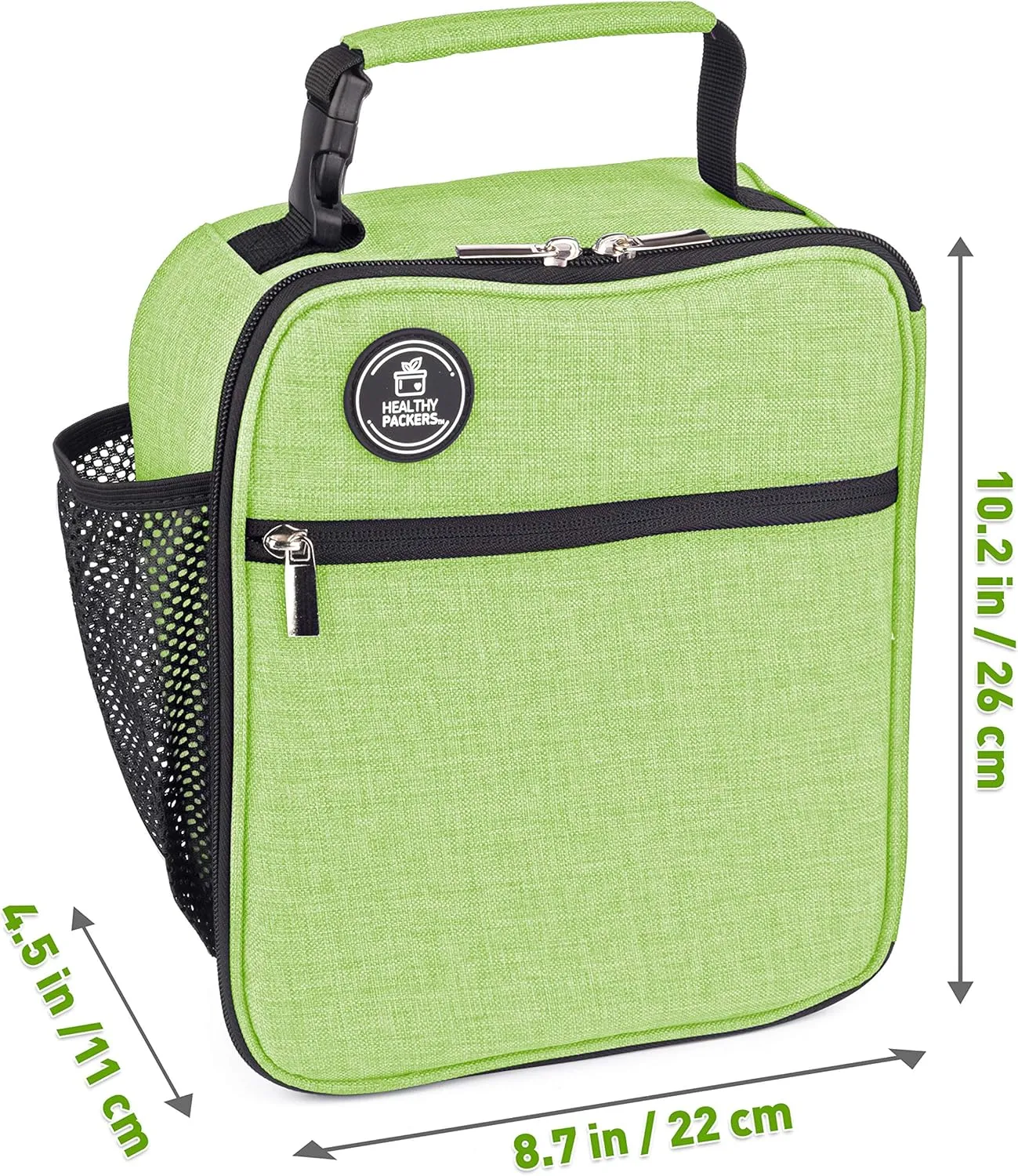 Healthy Packers Insulated Lunch Box for Adults and Kids w/ 2 Slim Long Lasting Ice Packs - Professional Work Lunch Bag for Men and Women - Heavy Duty School Lunchbox for Boys and Girls (Green)