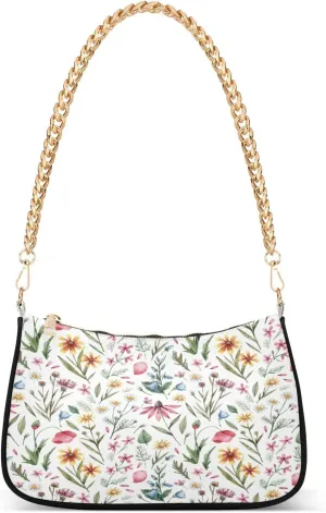 Herbs Poppy Bluebell Daisy Womens Shoulder Bag for Women Girls Hobo Tote Handbag Gold Chain Crossbody Bag with Zipper Clutch Purse Handbags