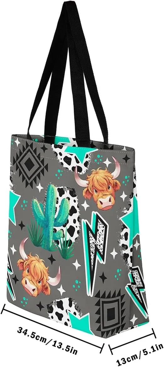 Highland Cow Canvas Tote Bag for Women,Cowboy Farm Animals Foldable Handbag