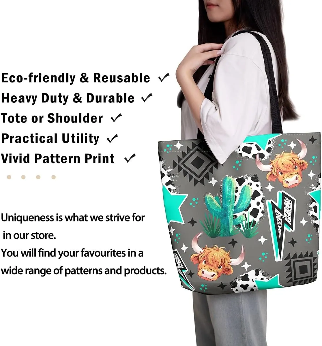 Highland Cow Canvas Tote Bag for Women,Cowboy Farm Animals Foldable Handbag