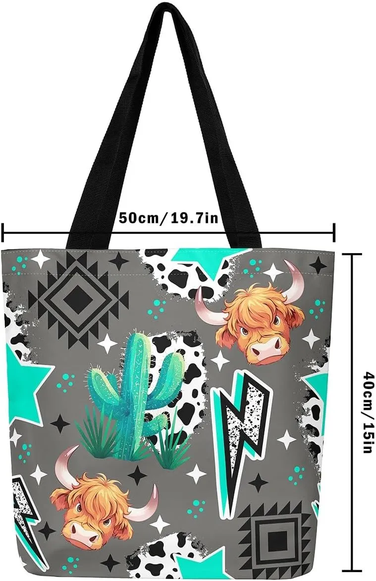 Highland Cow Canvas Tote Bag for Women,Cowboy Farm Animals Foldable Handbag