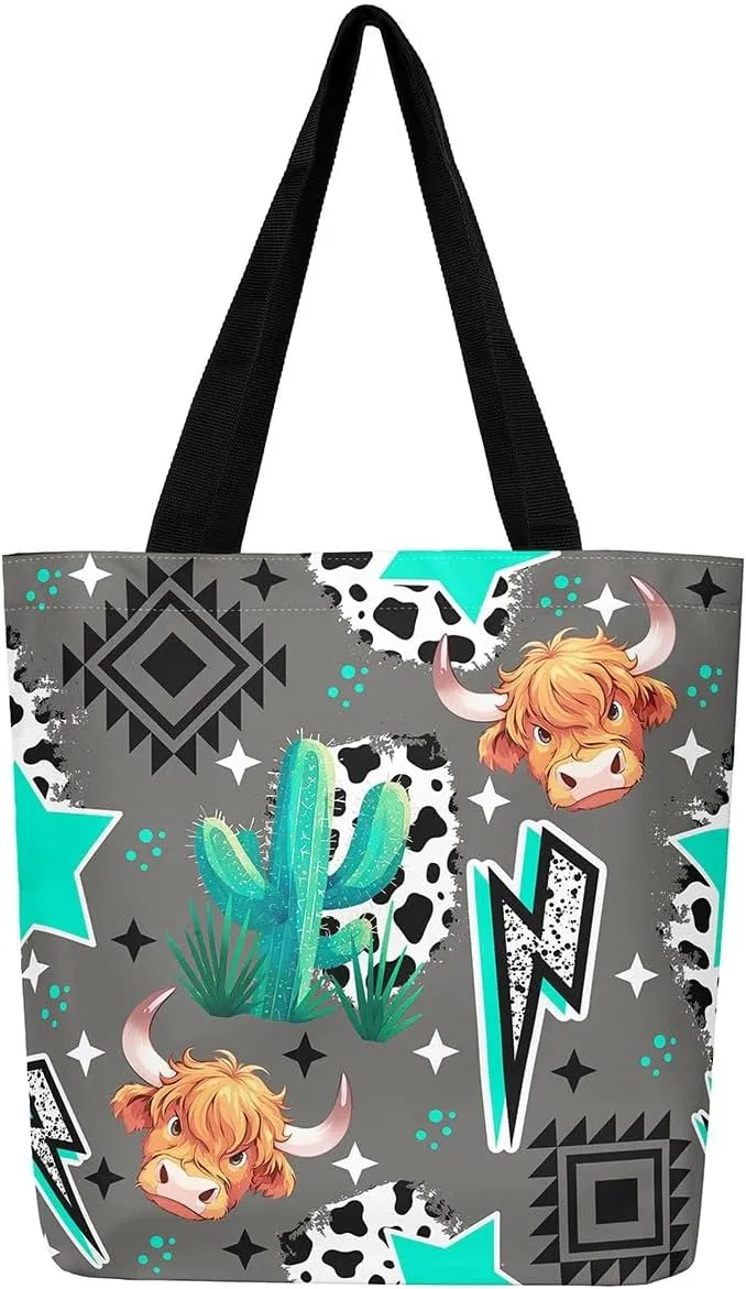 Highland Cow Canvas Tote Bag for Women,Cowboy Farm Animals Foldable Handbag