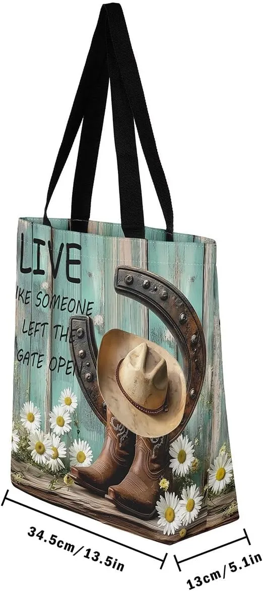 Highland Cow Canvas Tote Bag for Women,Cowboy Farm Animals Foldable Handbag