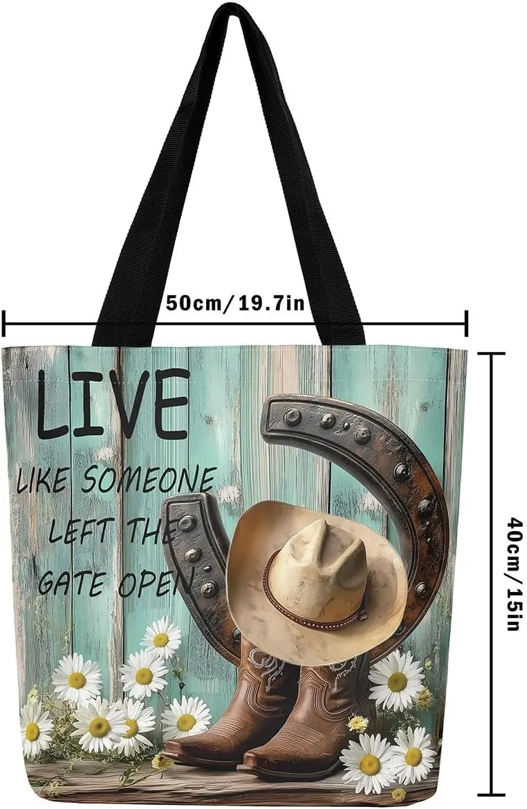 Highland Cow Canvas Tote Bag for Women,Cowboy Farm Animals Foldable Handbag