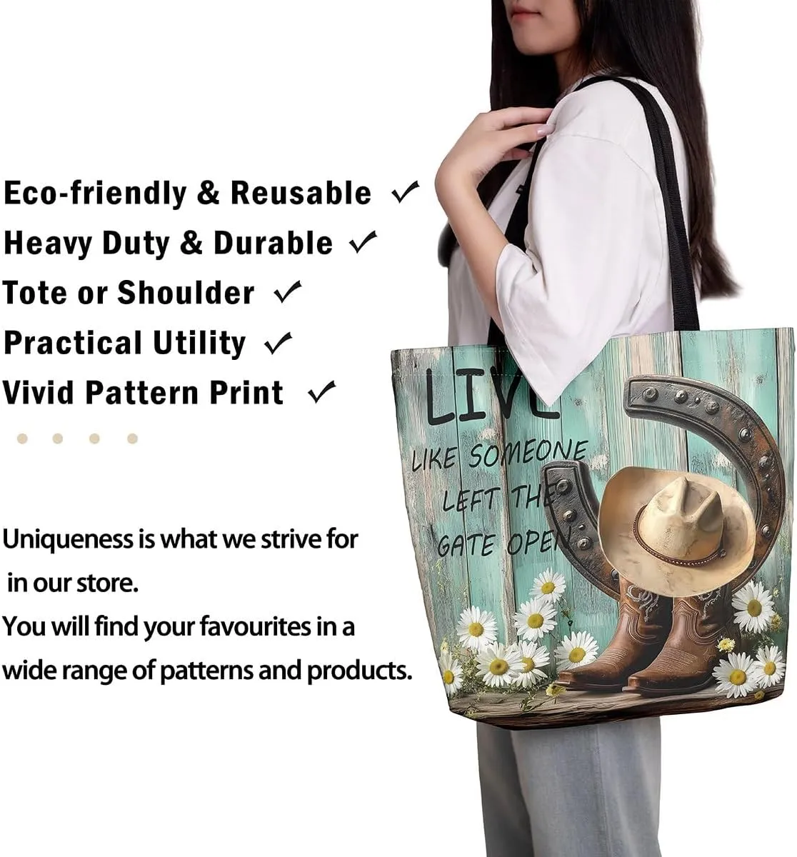 Highland Cow Canvas Tote Bag for Women,Cowboy Farm Animals Foldable Handbag