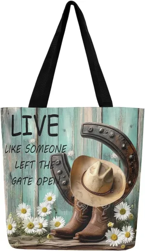 Highland Cow Canvas Tote Bag for Women,Cowboy Farm Animals Foldable Handbag