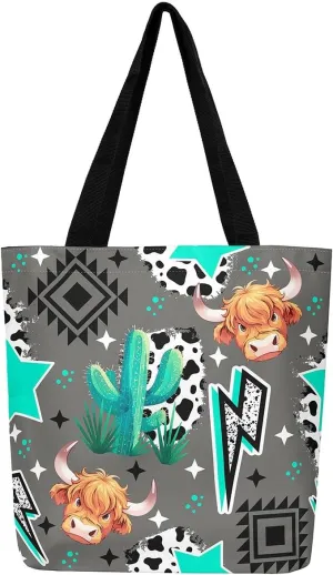 Highland Cow Canvas Tote Bag for Women,Cowboy Farm Animals Foldable Handbag