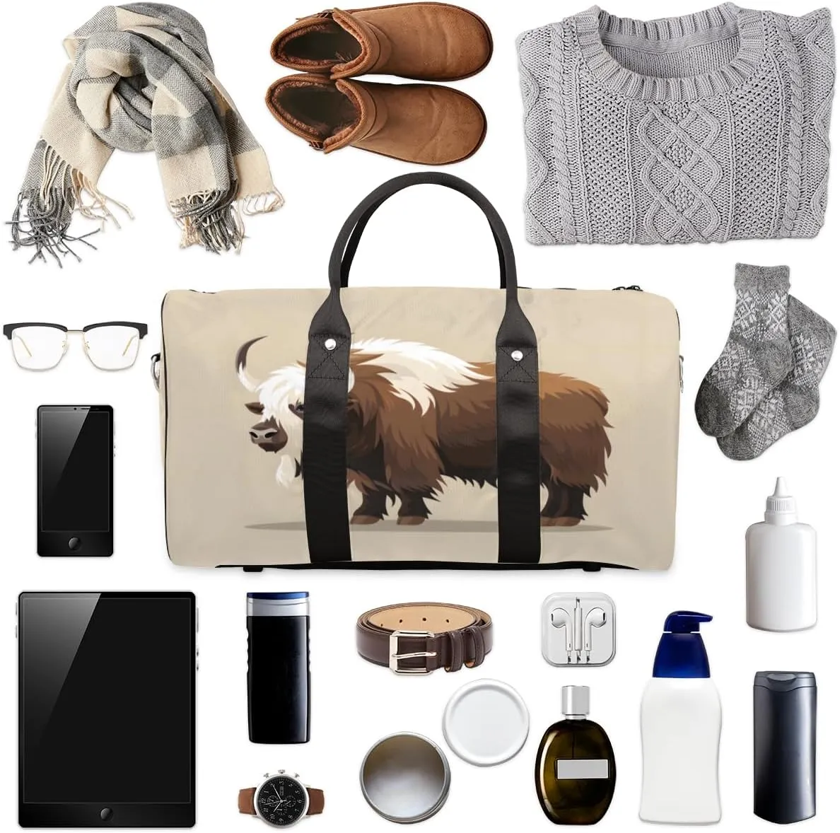 Highland Cow Travel Duffle Bag, Sports Gym Bags for Women Men, Carry On Weekender Overnight Bag, Bull Animal Funny Country Workout Hospital Airplane Trips Bag