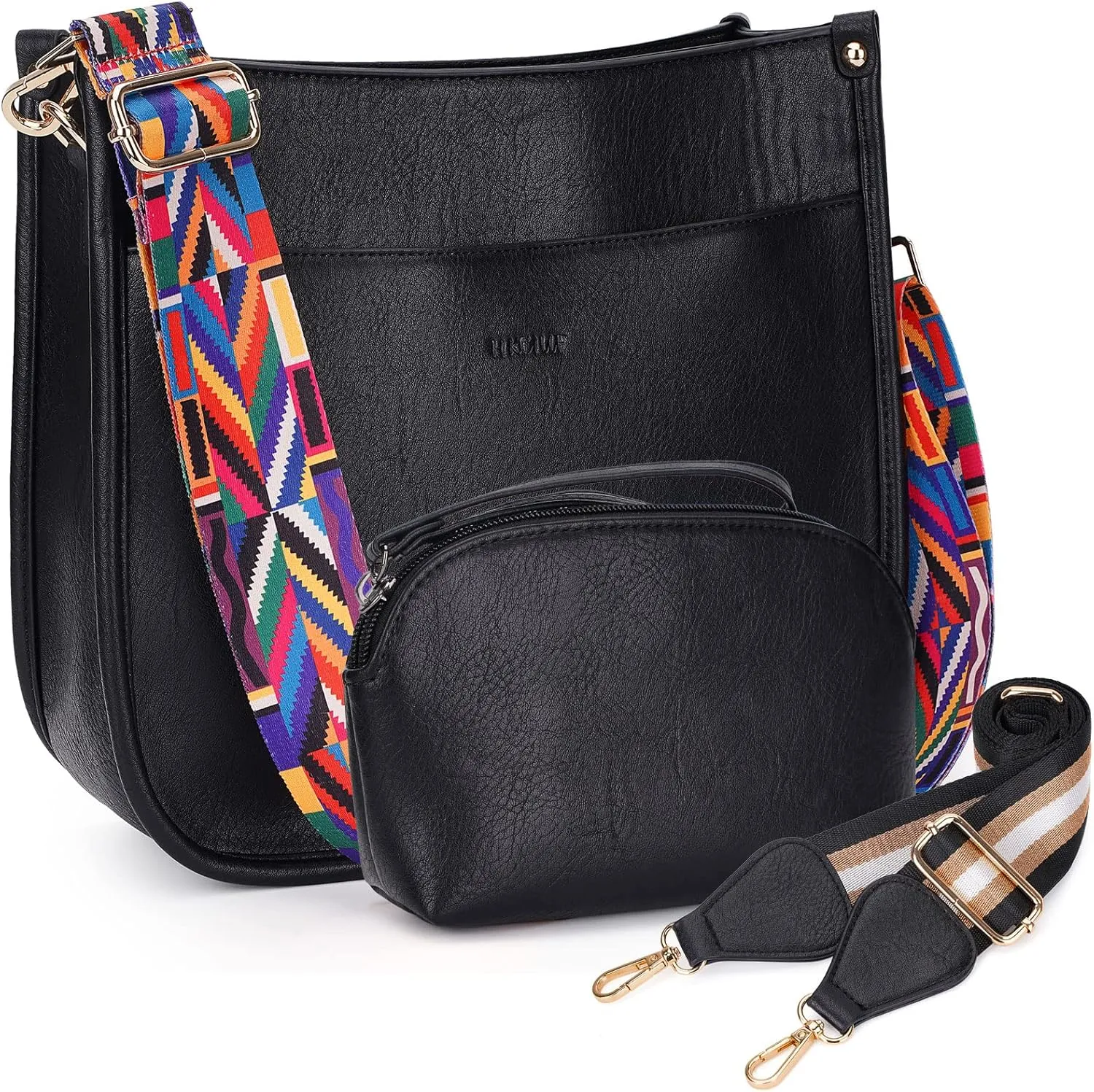HKCLUF Crossbody Bag Purse for Women 2PCS/Set Leather Hobo Handbag Wallet Set With 2Adjustable Guitar Strap Shoulder Bag