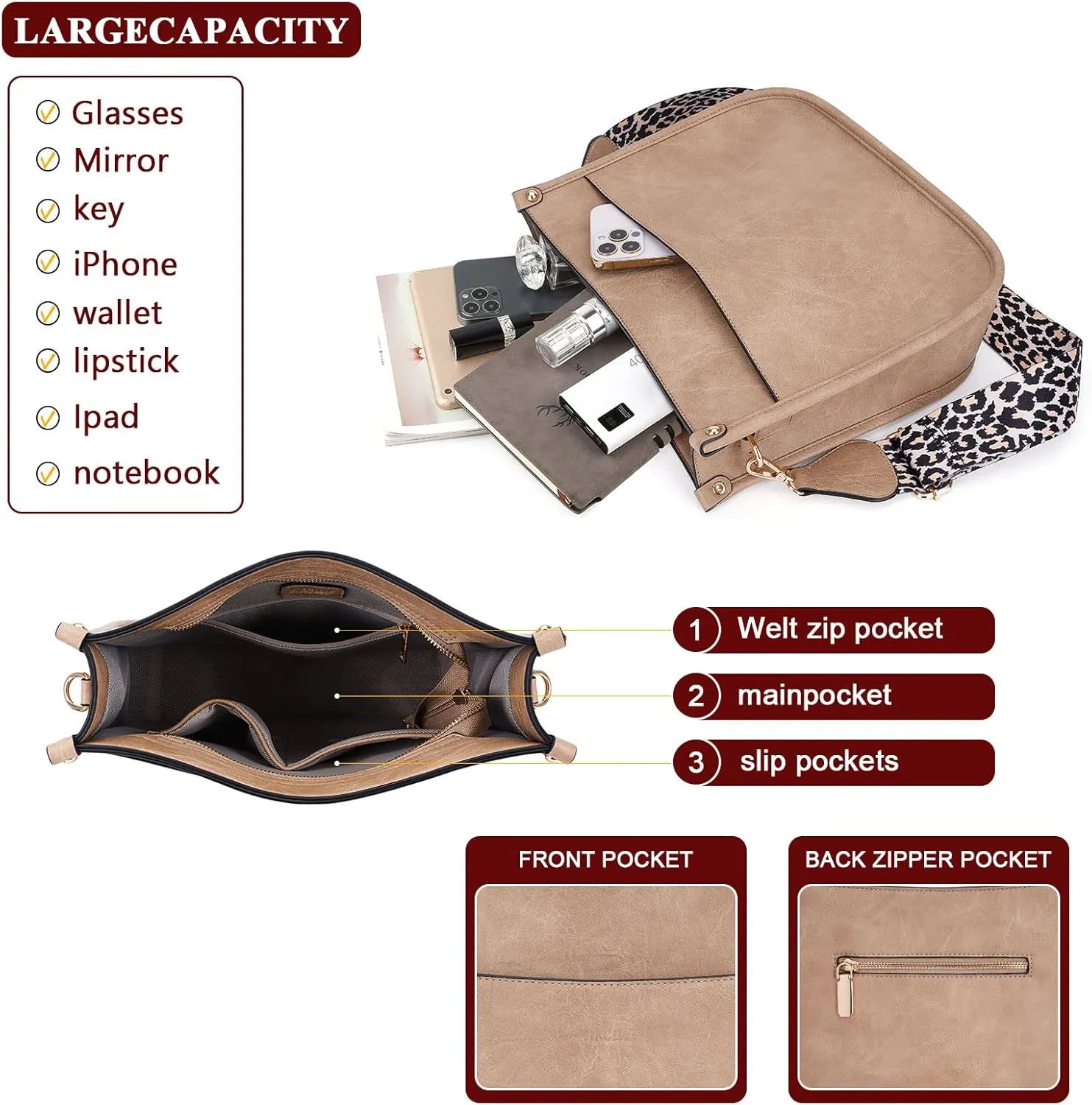 HKCLUF Crossbody Bag Purse for Women 2PCS/Set Leather Hobo Handbag Wallet Set With 2Adjustable Guitar Strap Shoulder Bag