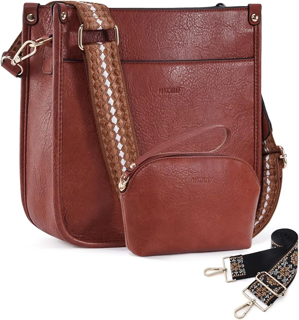 HKCLUF Crossbody Bag Purse for Women 2PCS/Set Leather Hobo Handbag Wallet Set With 2Adjustable Guitar Strap Shoulder Bag