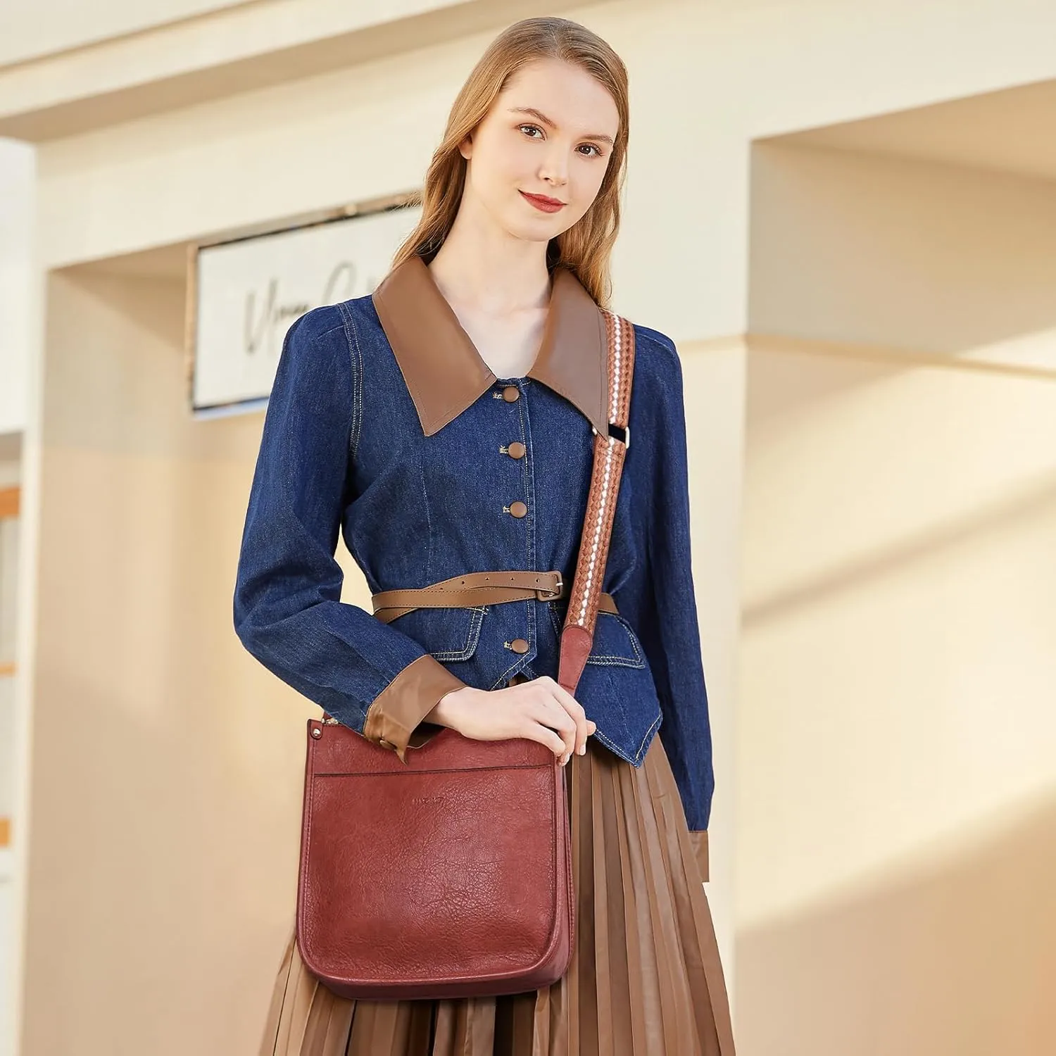 HKCLUF Crossbody Bag Purse for Women 2PCS/Set Leather Hobo Handbag Wallet Set With 2Adjustable Guitar Strap Shoulder Bag