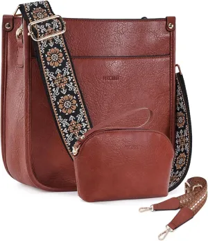 HKCLUF Crossbody Bag Purse for Women 2PCS/Set Leather Hobo Handbag Wallet Set With 2Adjustable Guitar Strap Shoulder Bag