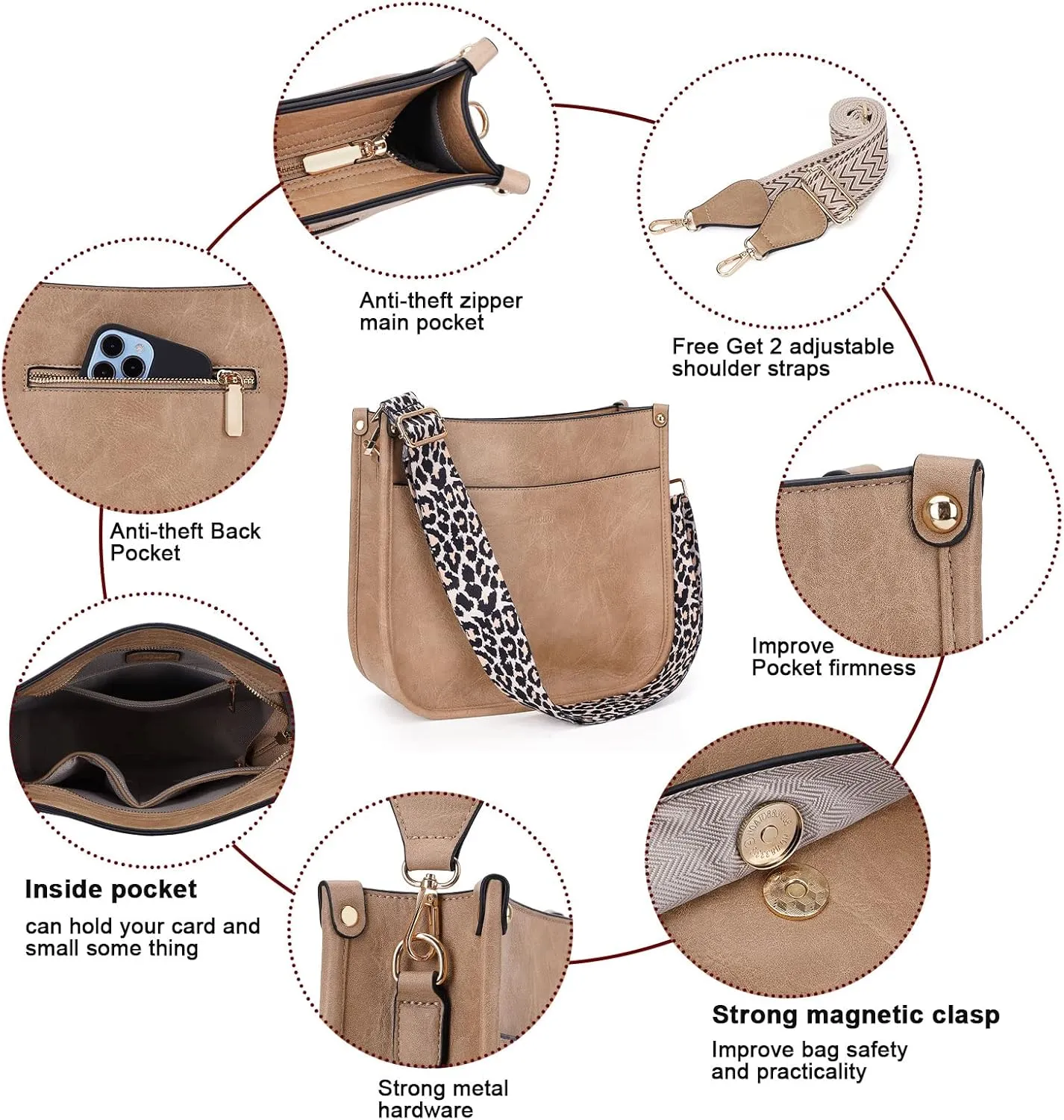 HKCLUF Crossbody Bag Purse for Women 2PCS/Set Leather Hobo Handbag Wallet Set With 2Adjustable Guitar Strap Shoulder Bag