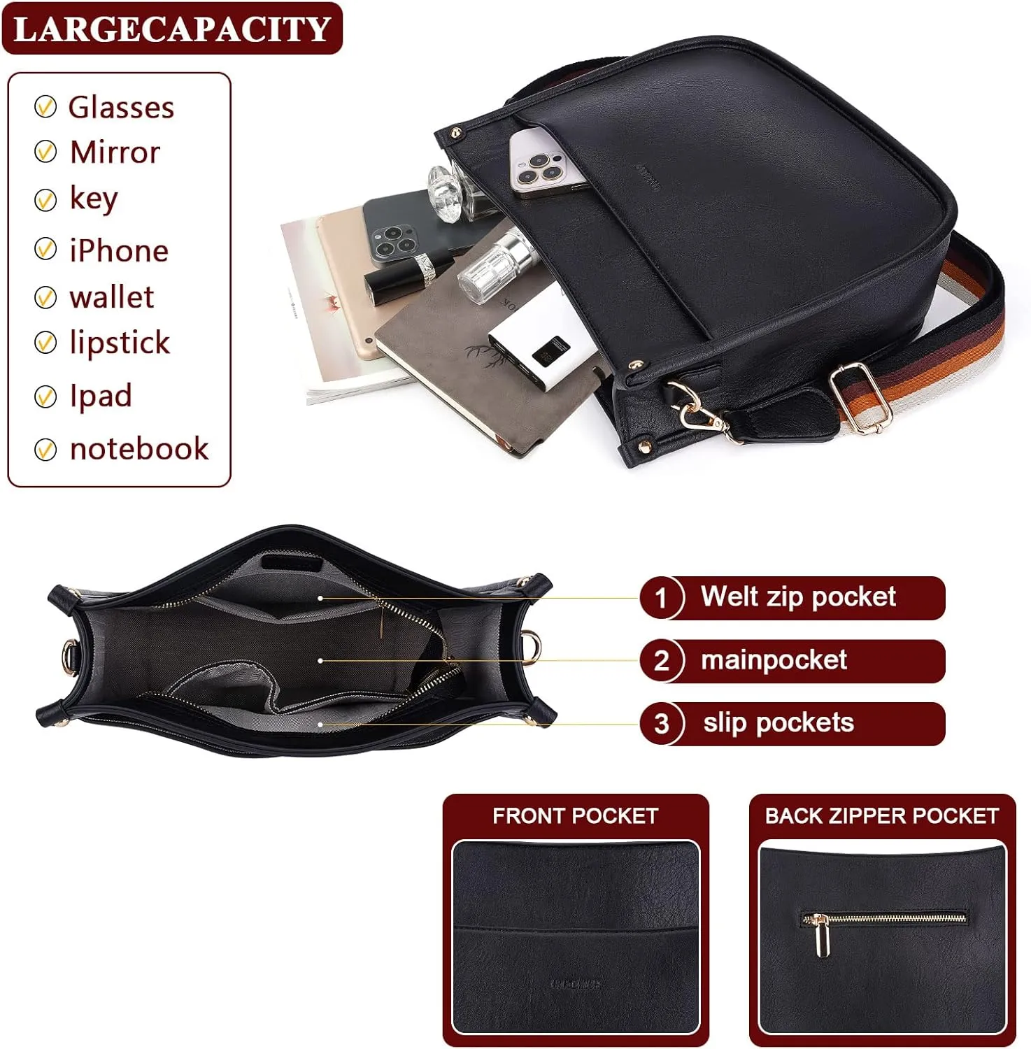 HKCLUF Crossbody Bag Purse for Women 2PCS/Set Leather Hobo Handbag Wallet Set With 2Adjustable Guitar Strap Shoulder Bag