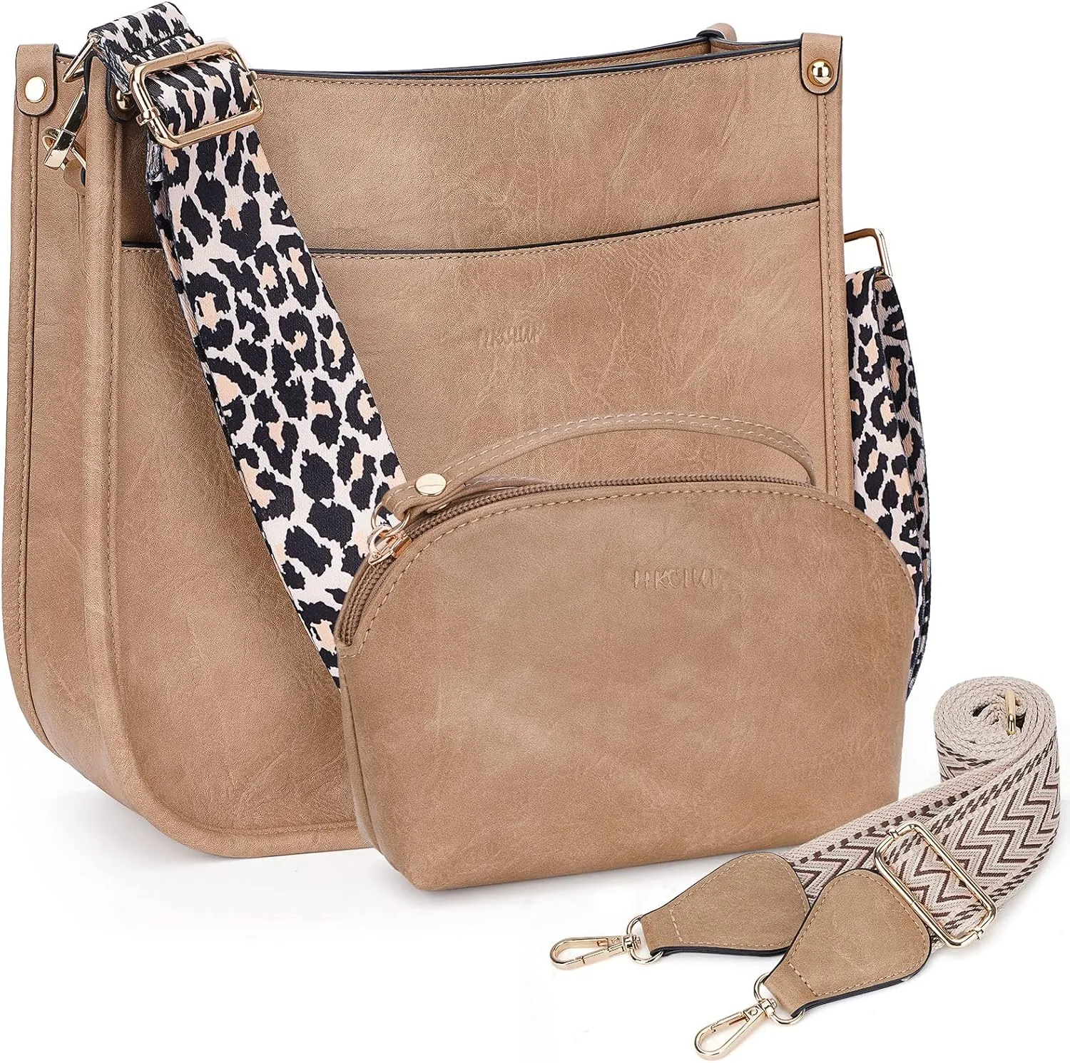 HKCLUF Crossbody Bag Purse for Women 2PCS/Set Leather Hobo Handbag Wallet Set With 2Adjustable Guitar Strap Shoulder Bag