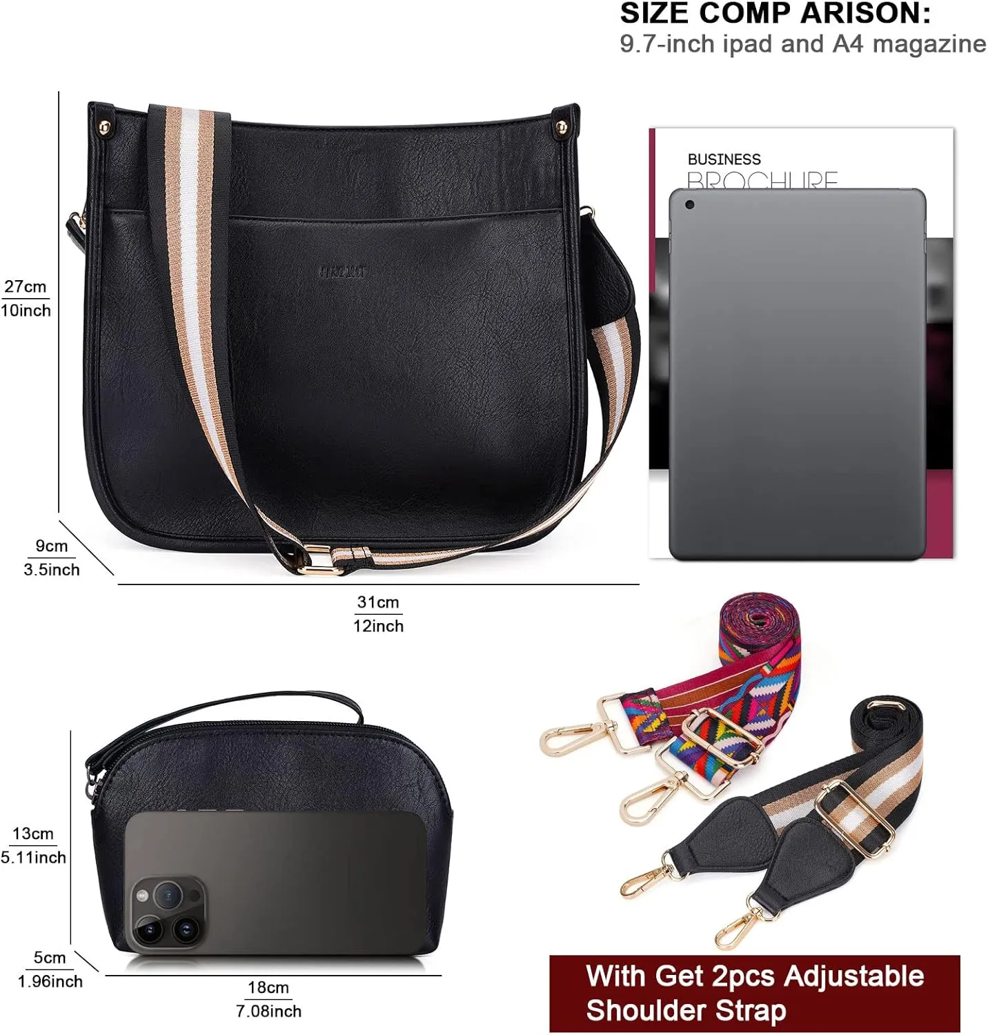 HKCLUF Crossbody Bag Purse for Women 2PCS/Set Leather Hobo Handbag Wallet Set With 2Adjustable Guitar Strap Shoulder Bag