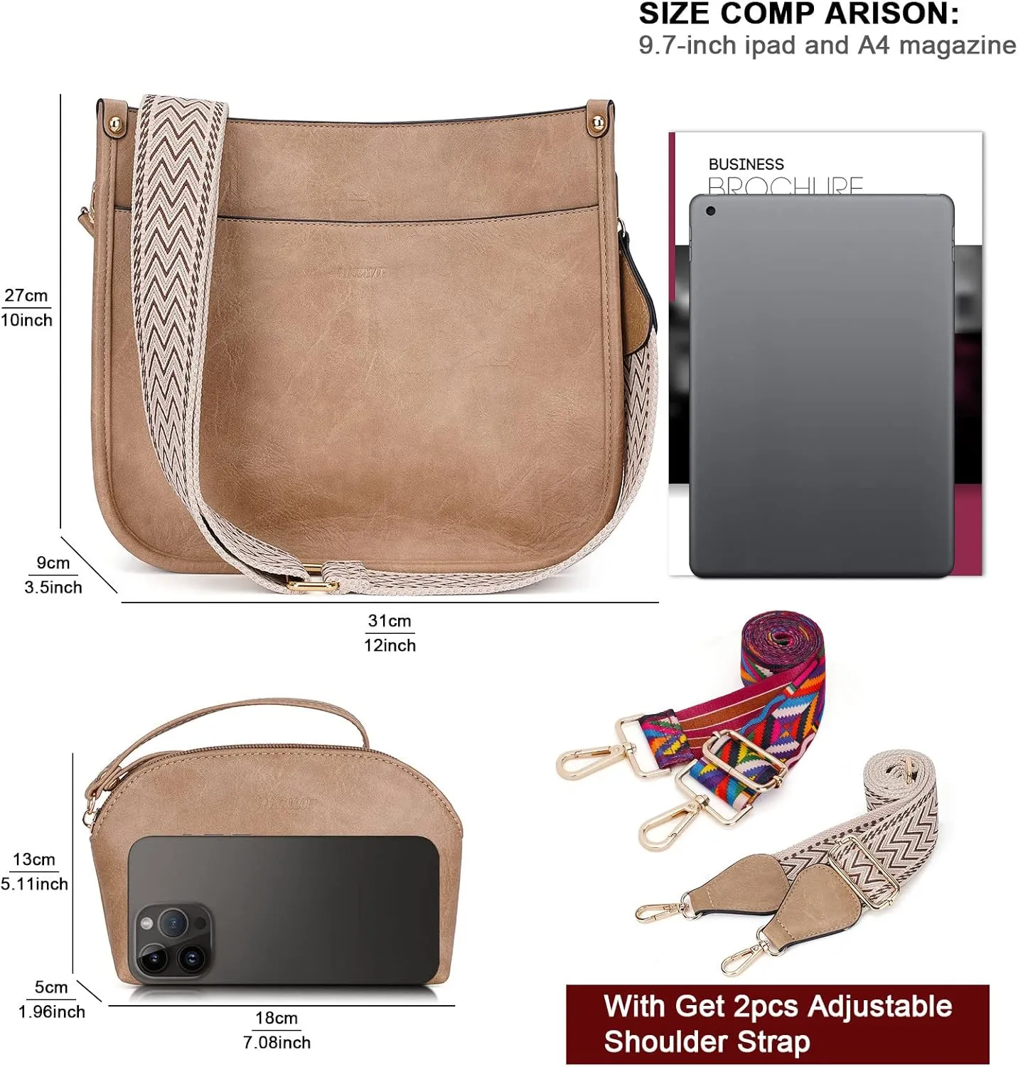 HKCLUF Crossbody Bag Purse for Women 2PCS/Set Leather Hobo Handbag Wallet Set With 2Adjustable Guitar Strap Shoulder Bag
