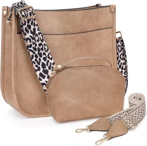 HKCLUF Crossbody Bag Purse for Women 2PCS/Set Leather Hobo Handbag Wallet Set With 2Adjustable Guitar Strap Shoulder Bag
