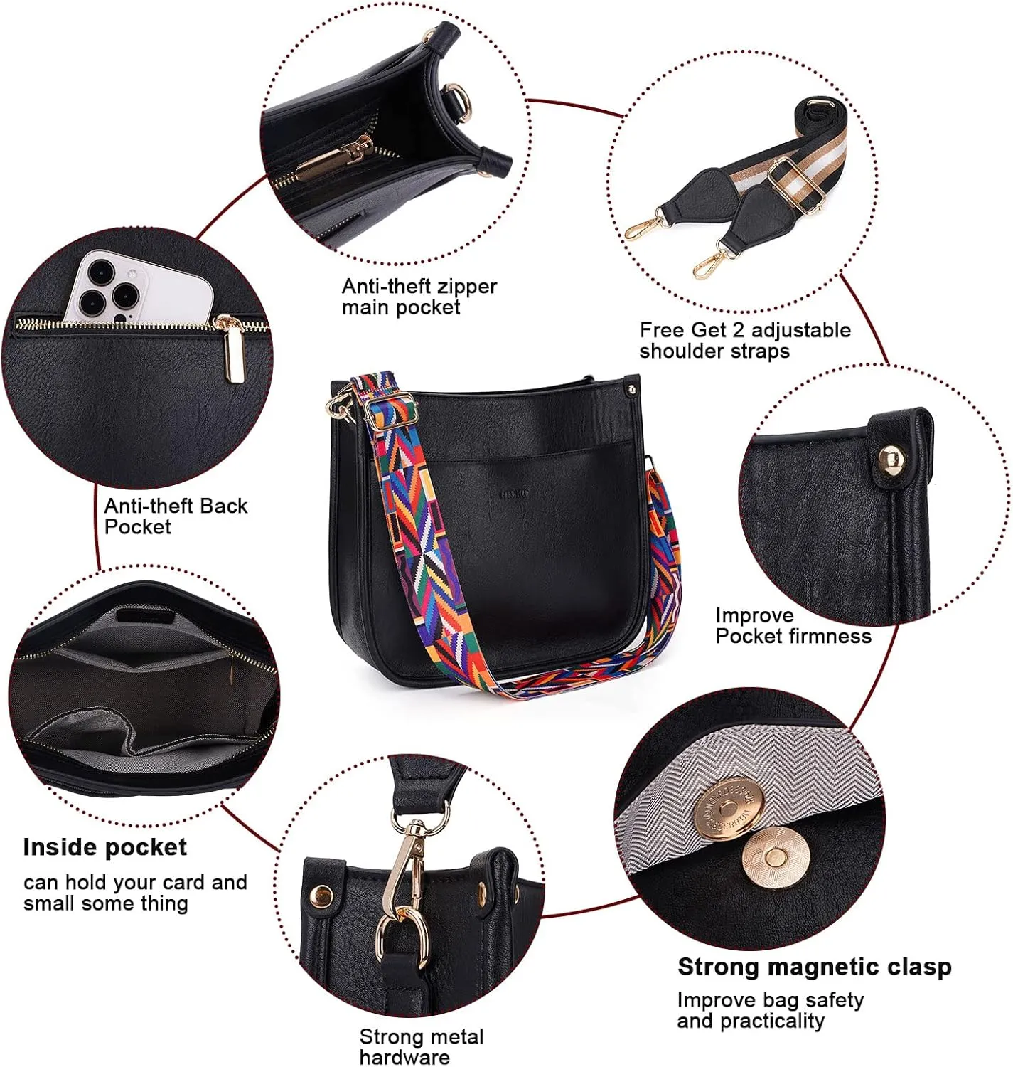 HKCLUF Crossbody Bag Purse for Women 2PCS/Set Leather Hobo Handbag Wallet Set With 2Adjustable Guitar Strap Shoulder Bag