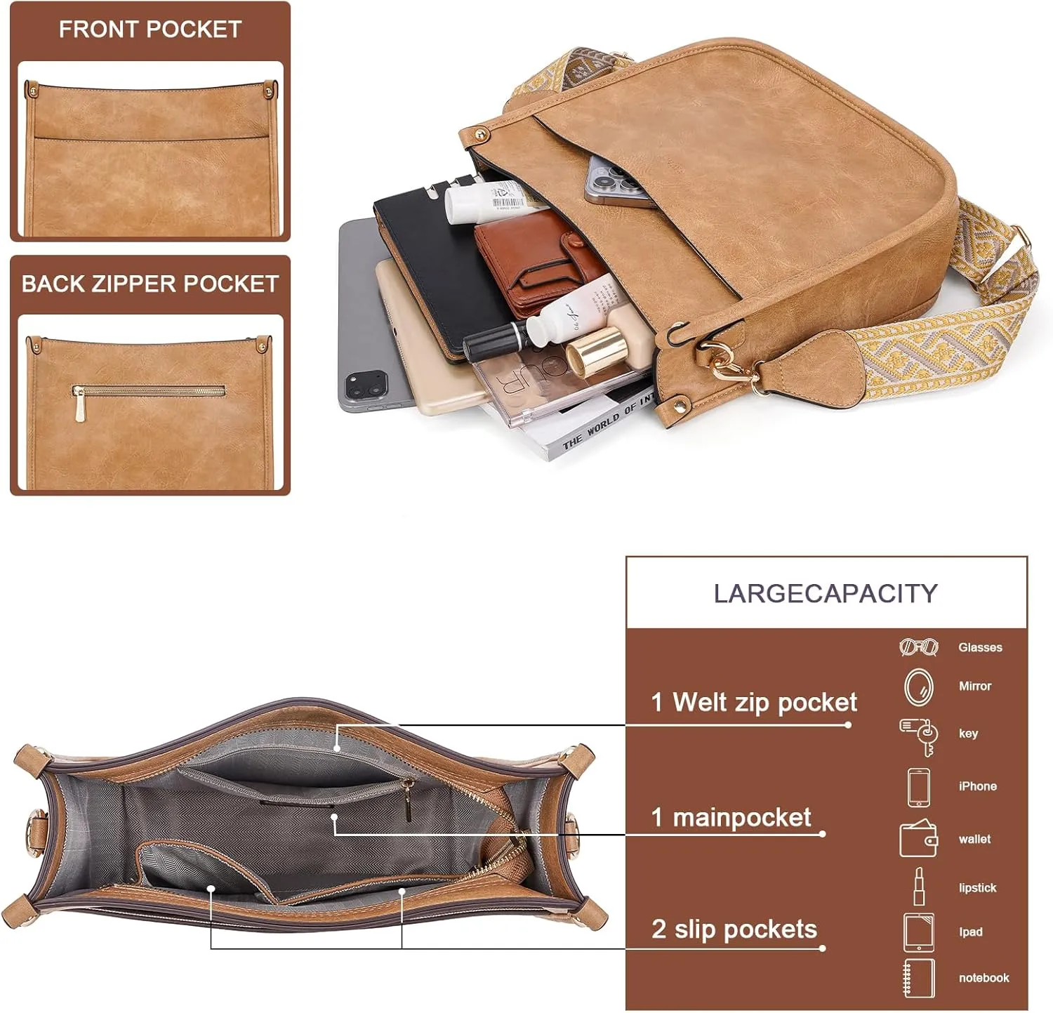 HKCLUF Crossbody Bags for Women Trendy Vegan Leather Hobo Handbags With 2PCS Adjustable Guitar Strap Shoulder Bucket Bags