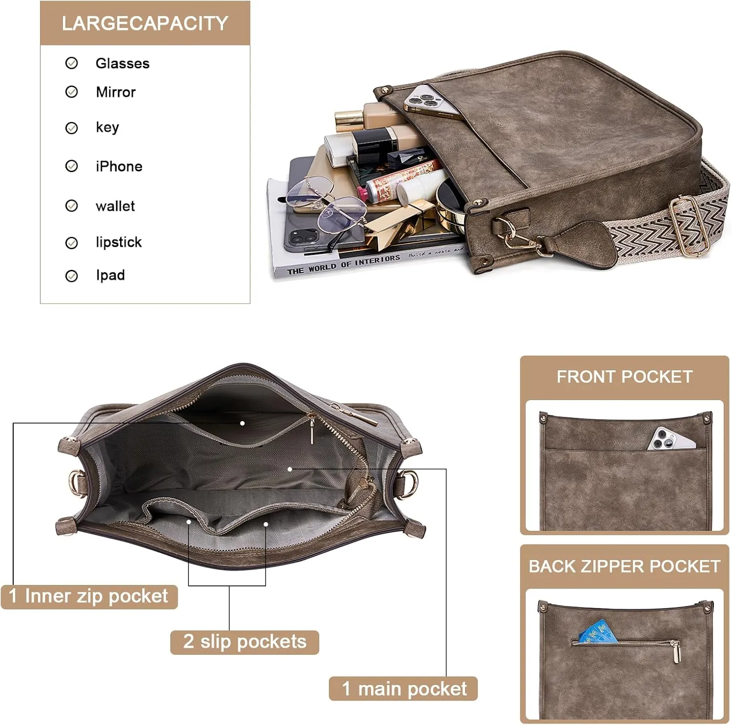HKCLUF Crossbody Bags for Women Trendy Vegan Leather Hobo Handbags With 2PCS Adjustable Guitar Strap Shoulder Bucket Bags