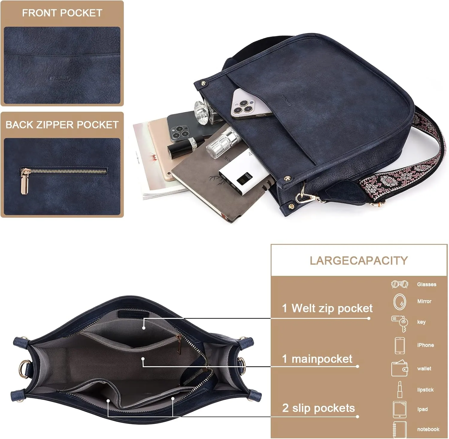 HKCLUF Crossbody Bags for Women Trendy Vegan Leather Hobo Handbags With 2PCS Adjustable Guitar Strap Shoulder Bucket Bags