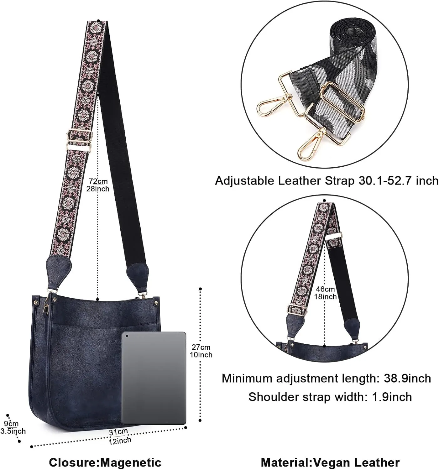 HKCLUF Crossbody Bags for Women Trendy Vegan Leather Hobo Handbags With 2PCS Adjustable Guitar Strap Shoulder Bucket Bags