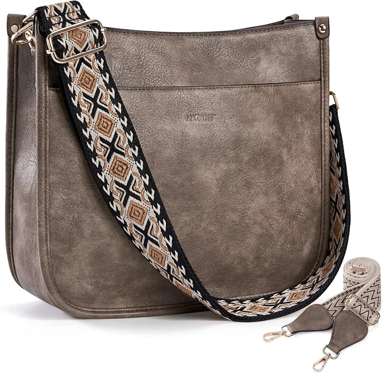 HKCLUF Crossbody Bags for Women Trendy Vegan Leather Hobo Handbags With 2PCS Adjustable Guitar Strap Shoulder Bucket Bags