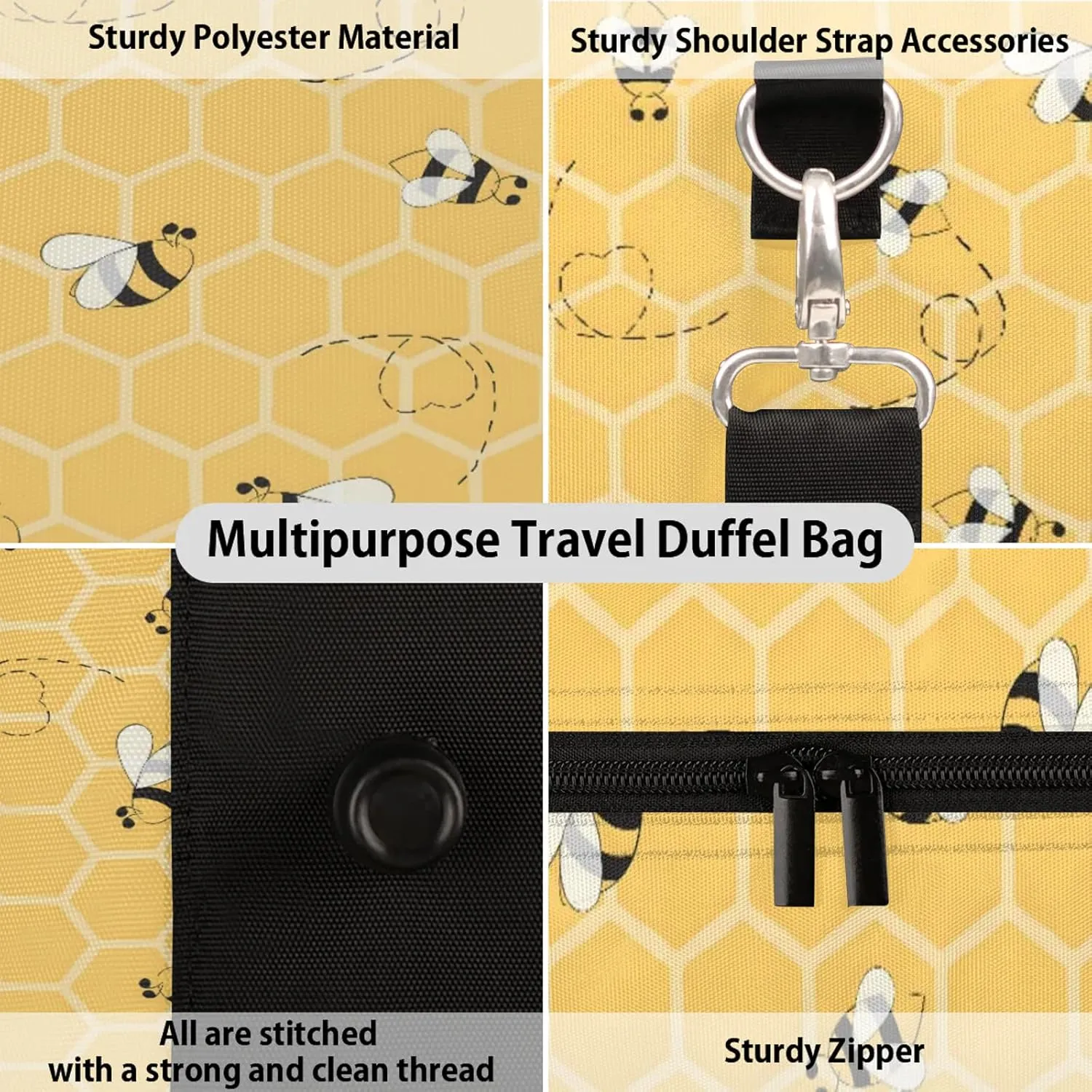 Honey Bee Bumblebee Travel Duffle Bag, Sports Gym Bags for Women Men, Carry On Weekender Overnight Workout Airplane Trips Bag