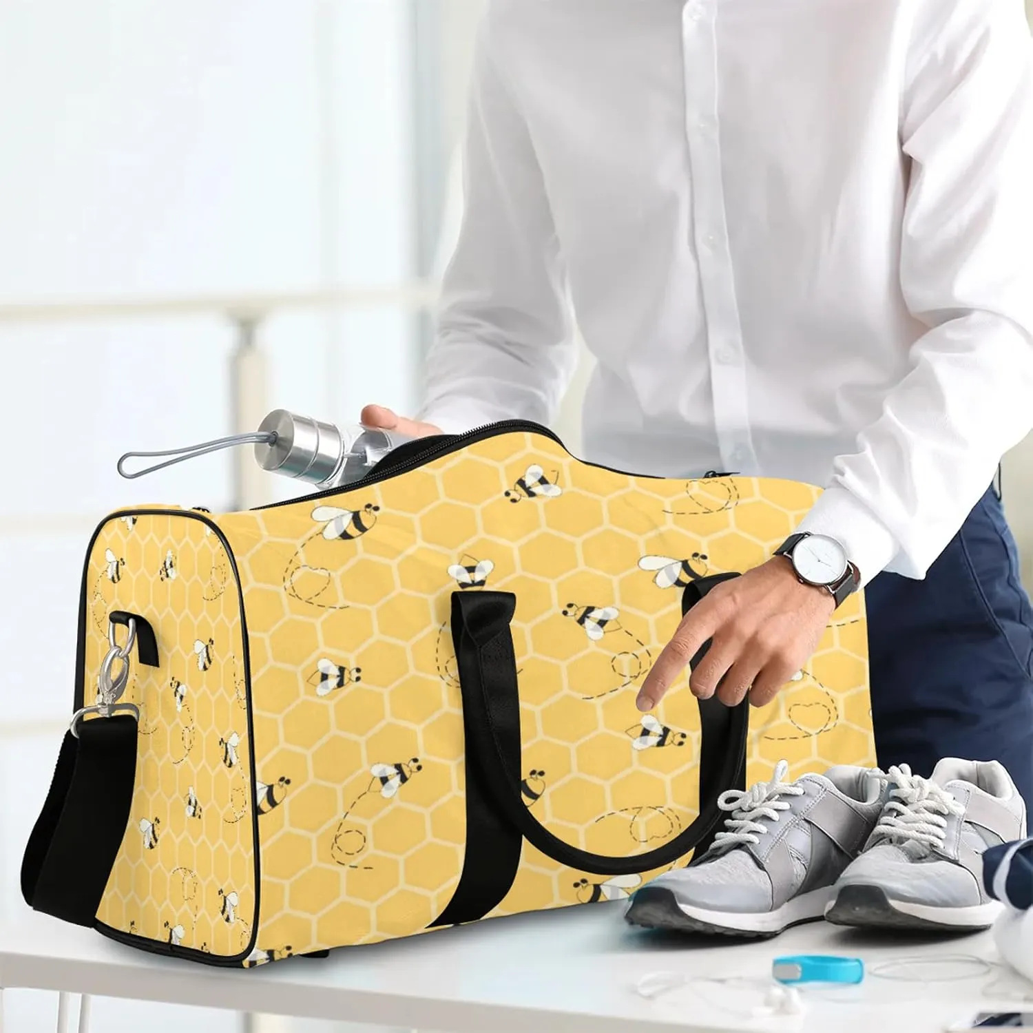Honey Bee Bumblebee Travel Duffle Bag, Sports Gym Bags for Women Men, Carry On Weekender Overnight Workout Airplane Trips Bag