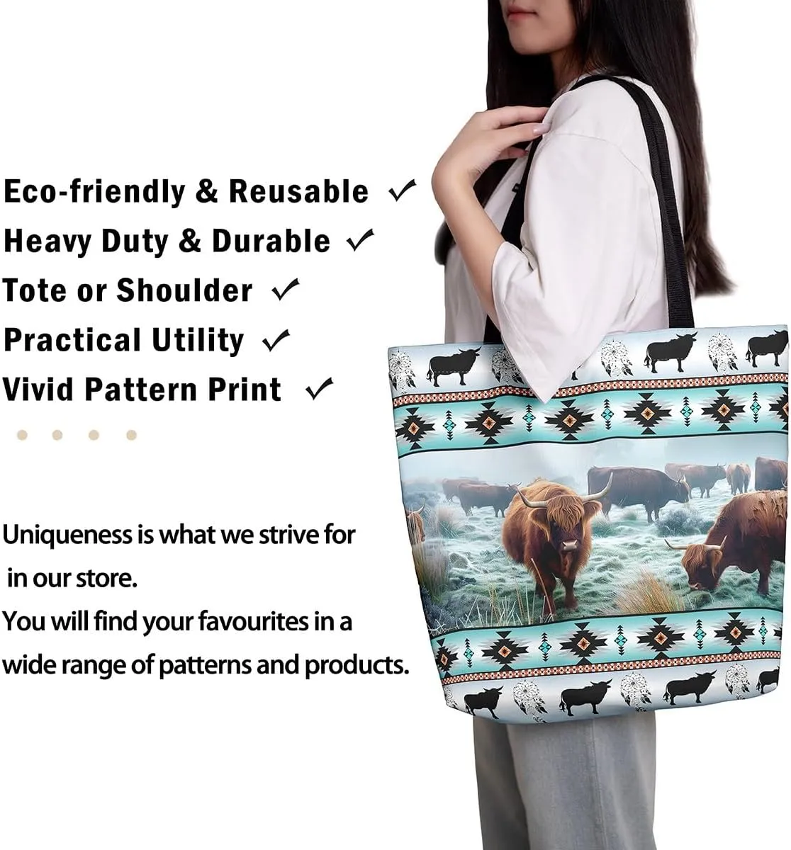 Horses Canvas Tote Bag,Southwestern Native Aztec Handbag Bohemian Dream Catchers Geometry Shoulder Bag
