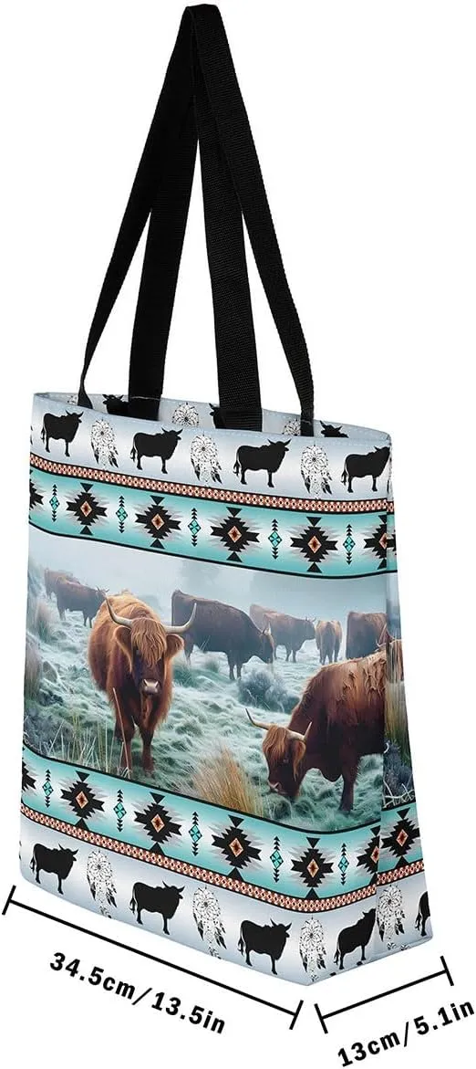 Horses Canvas Tote Bag,Southwestern Native Aztec Handbag Bohemian Dream Catchers Geometry Shoulder Bag