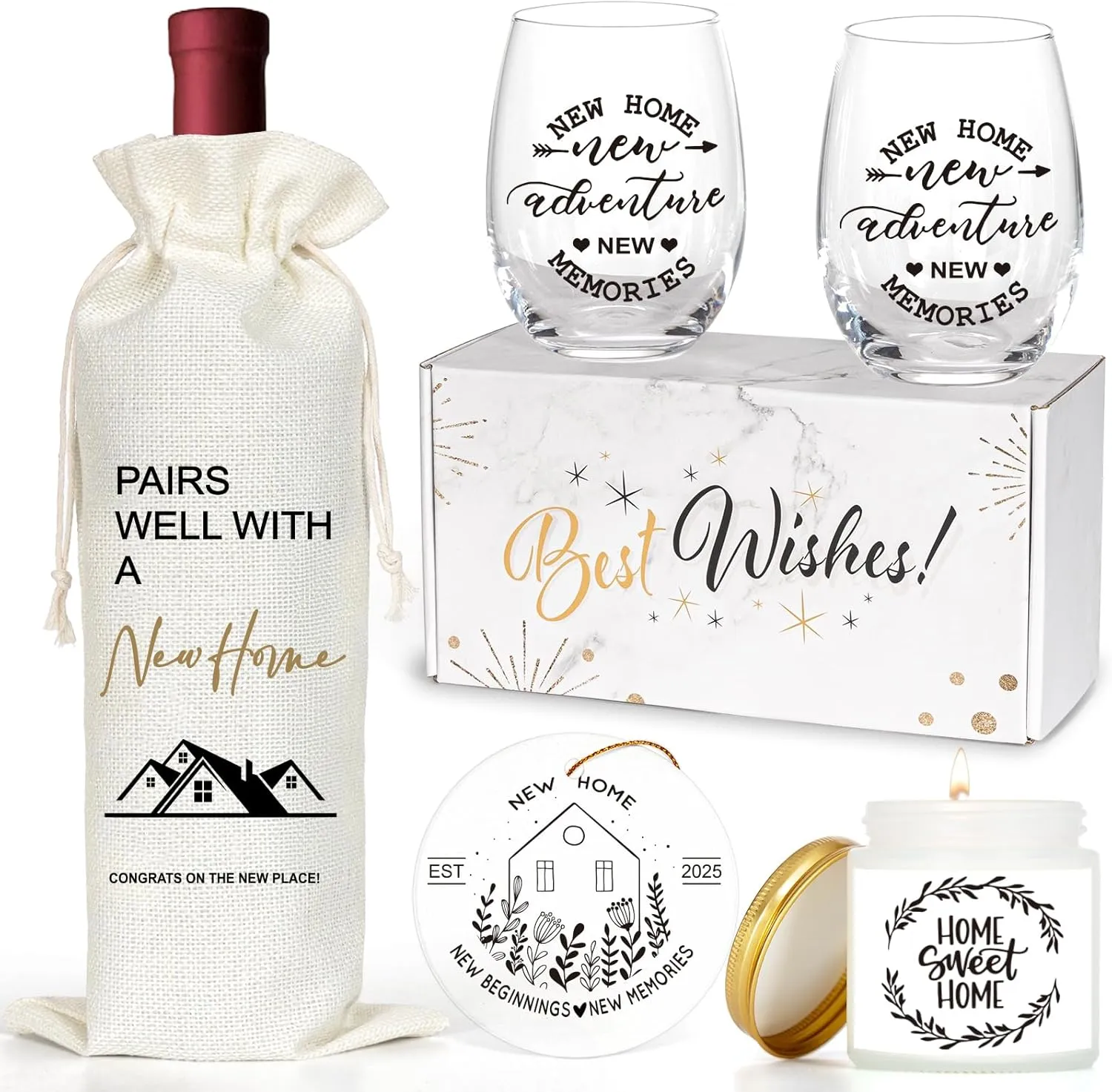 House Warming Gifts New Home, Unique Housewarming Basket Ideas For Couple Women, Closing Gifts For Home Buyers Realtor, Wine Glasses Bag Set - First Apartment Essentials For Homeowners