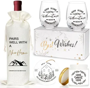 House Warming Gifts New Home, Unique Housewarming Basket Ideas For Couple Women, Closing Gifts For Home Buyers Realtor, Wine Glasses Bag Set - First Apartment Essentials For Homeowners