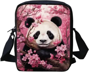 HUGS IDEA Cherry Blossom Panda Print Women's Small Messenger Bags Little Boys School Bag Casual Mini Crossbody Handbag Cell Phone Purse