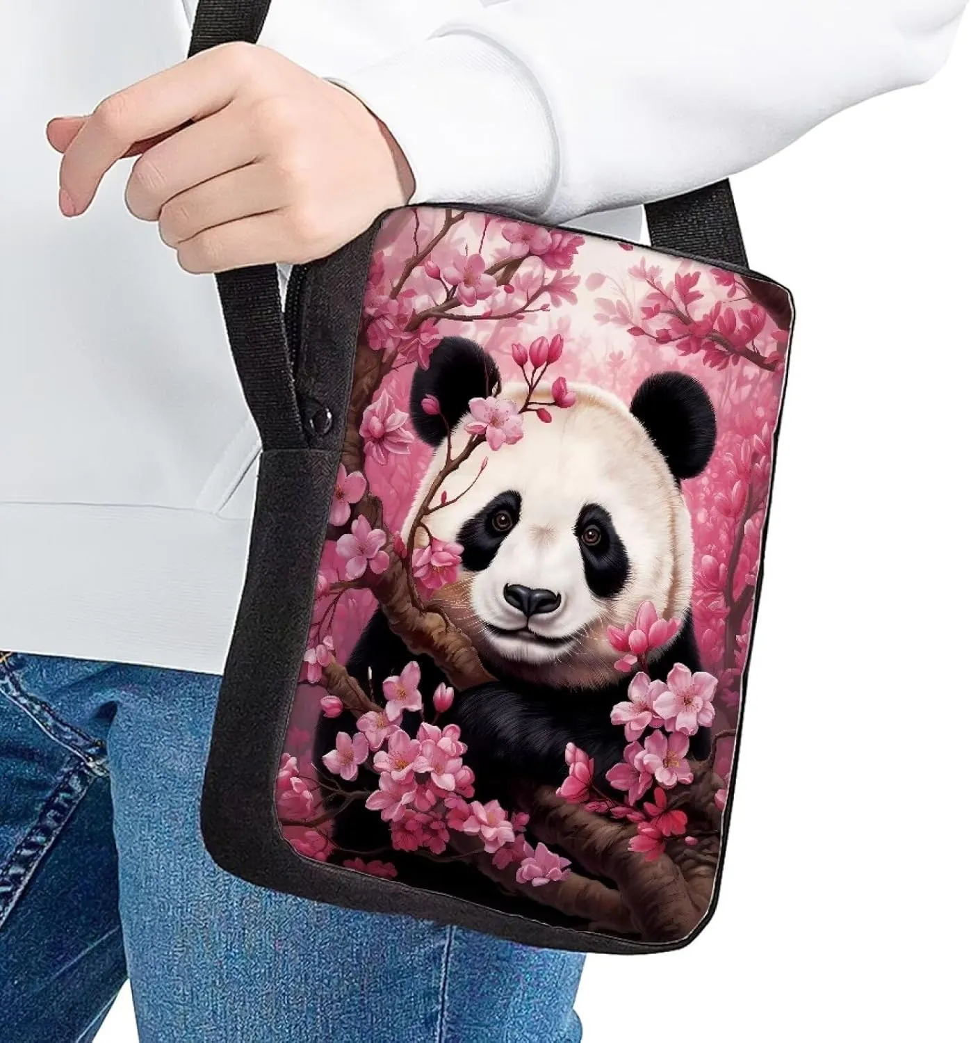 HUGS IDEA Cherry Blossom Panda Print Women's Small Messenger Bags Little Boys School Bag Casual Mini Crossbody Handbag Cell Phone Purse