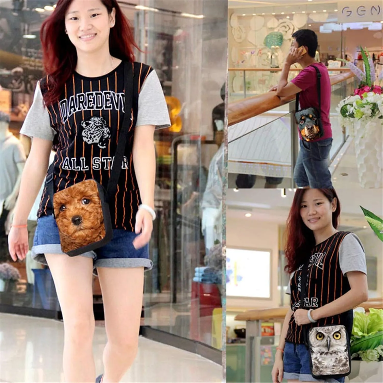 HUGS IDEA Cherry Blossom Panda Print Women's Small Messenger Bags Little Boys School Bag Casual Mini Crossbody Handbag Cell Phone Purse