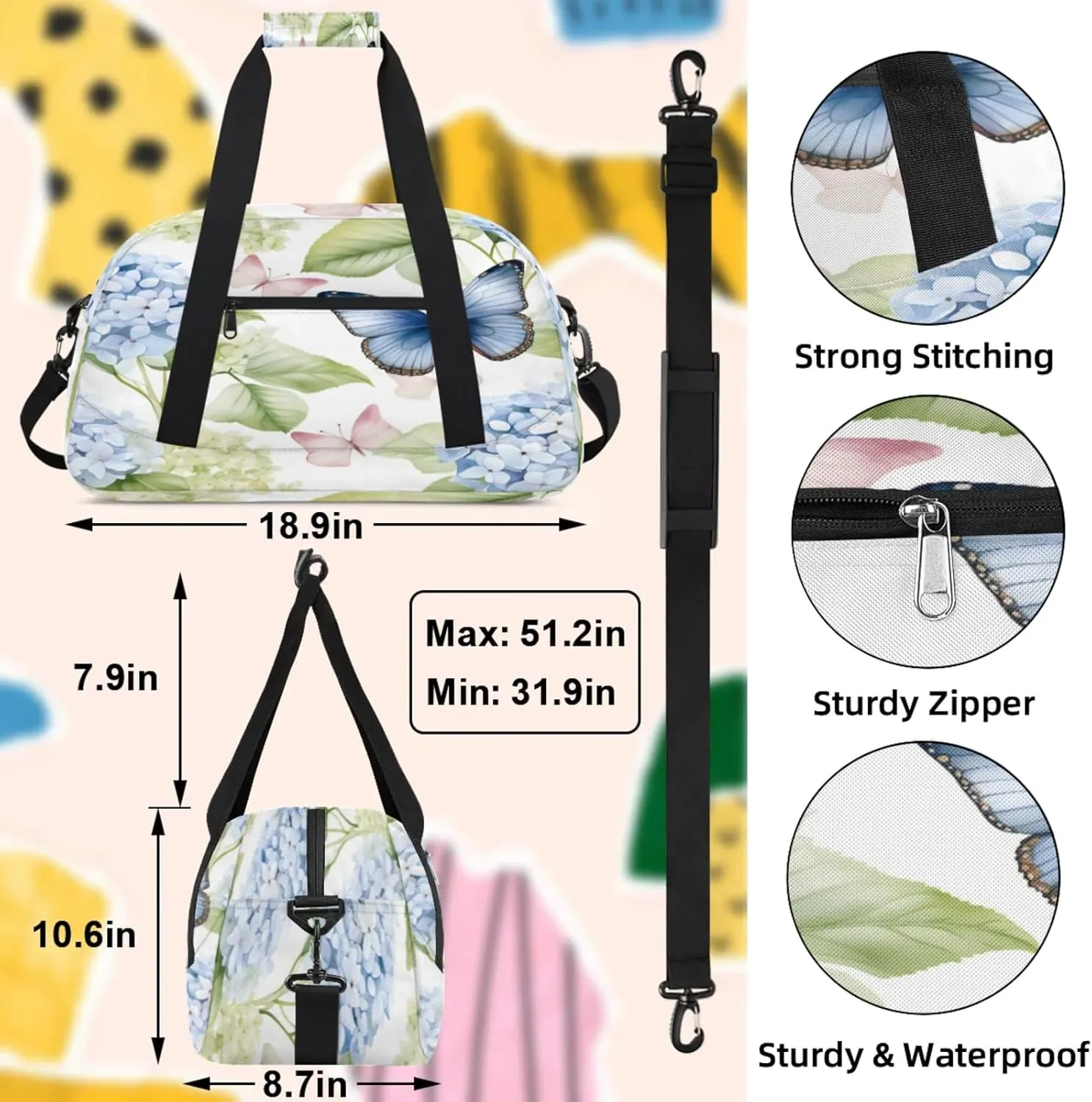 Hydrangea Butterfly Small Gym Bag 18 inch Carry On Duffel Bag for Weekender Travel Sports Workout Yoga Gymnastics Dance Ballet