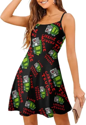 I Love Trash Garbage Trucks Women's Summer Sling Dress Casual Swing Beach Mini Dresses