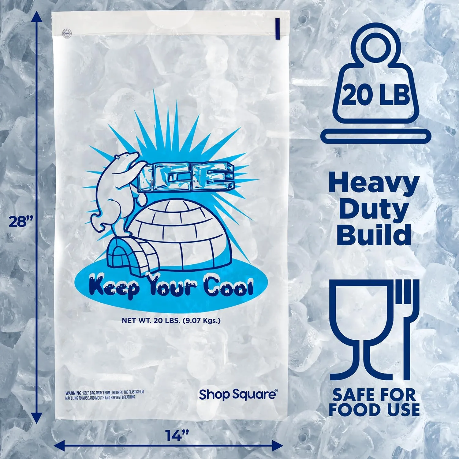 Ice Bags 20 lb with Drawstring - 100 Pack Ice Bags for Ice Machine, Heavy-Duty Reusable Ice Cube Bags, Plastic Bags for Ice, Ice Storage Bags for Freezers