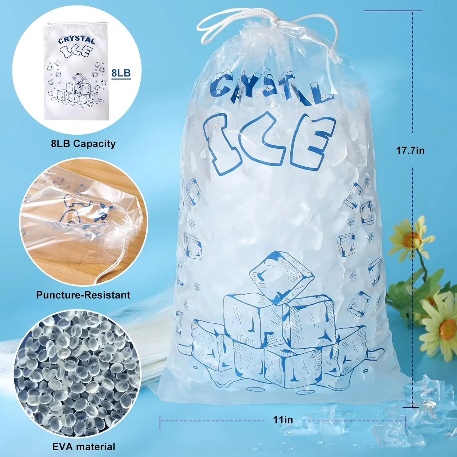 Ice Bags 8 lb with Drawstring, 50 Count Ice Bags for Ice Machine, Heavy-Duty Reusable Ice Cube Bags, Portable Storage and Freezer Keeper