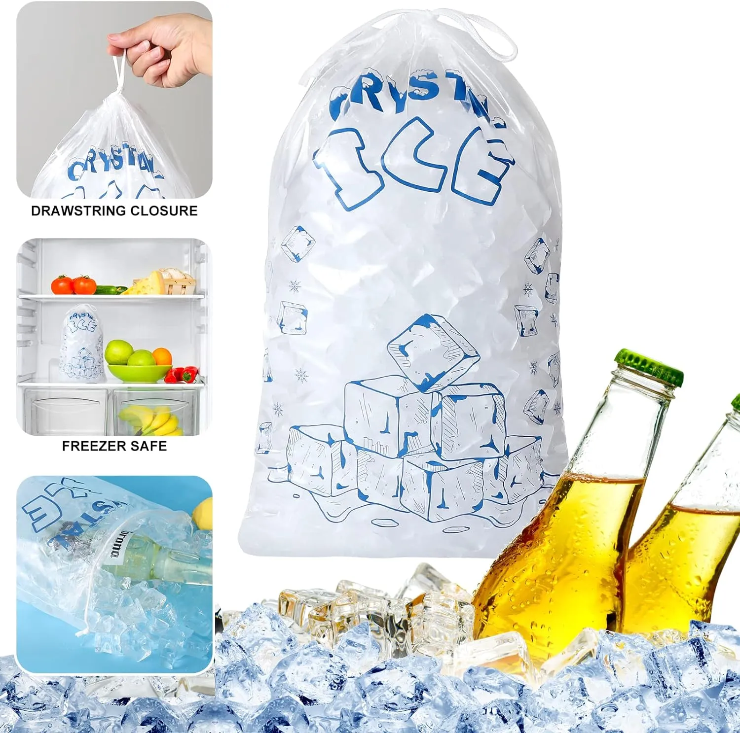 Ice Bags 8 lb with Drawstring, 50 Count Ice Bags for Ice Machine, Heavy-Duty Reusable Ice Cube Bags, Portable Storage and Freezer Keeper