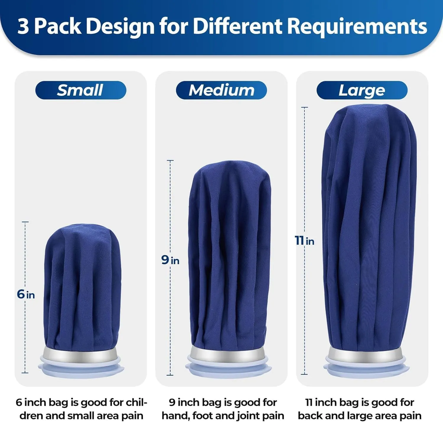 Ice Bags for Injuries Reusable: Ohuhu 3 Packs Ice Cold Packs Ice Bag Hot Water Hot & Cold Therapy Pain Relief for Knee Leg Injury No-Leak Breathable Waterproof Ice Bags 3 Sizes 6"/9"/11", Blue