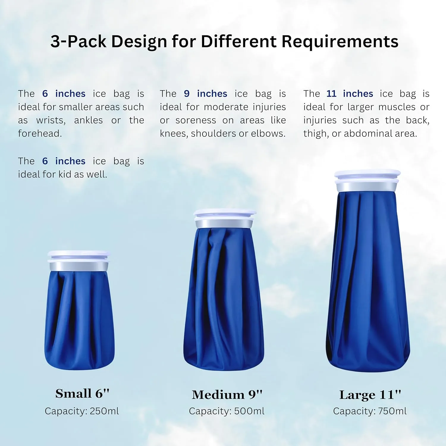 Ice Cold Pack Reusable Ice Bags Hot Water Bag for Injuries, Hot & Cold Therapy and Pain Relief with Elastic Breathable Support Wrap, 4-Pack, 3 Sizes (6"/9"/11") For Hot Therapy is 60℃ (4 IN 1)