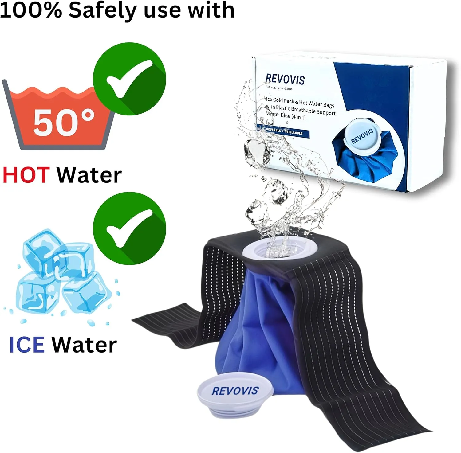 Ice Cold Pack Reusable Ice Bags Hot Water Bag for Injuries, Hot & Cold Therapy and Pain Relief with Elastic Breathable Support Wrap, 4-Pack, 3 Sizes (6"/9"/11") For Hot Therapy is 60℃ (4 IN 1)