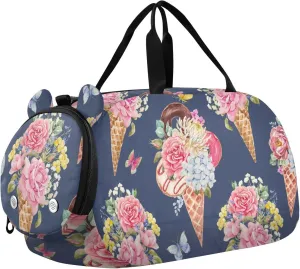 Ice Cream Cone with Flowers Gym Travel Duffel Bag with Shoe Compartment for Boys Girls - Gymnastics Sports Dance Football Travel Bag Teens Weekender Sleepover