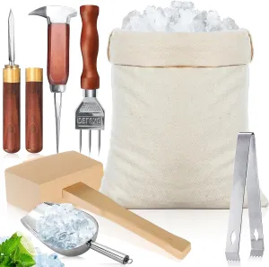 Ice Pick Set of 7 - Stainless Steel Ice Chipper Tea Knife with Wooden Handle, Crushed Ice Lewis Bag and Wood Hammer for Breaking Ice Carving Kitchen Tool Bartender Bars Picnics Camping Restaurant